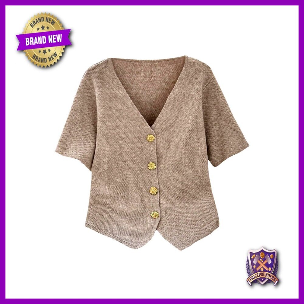 Plus Size V-Neck Cardigan Short Sleeve Button Down Knit Top - Picture 1 of 5